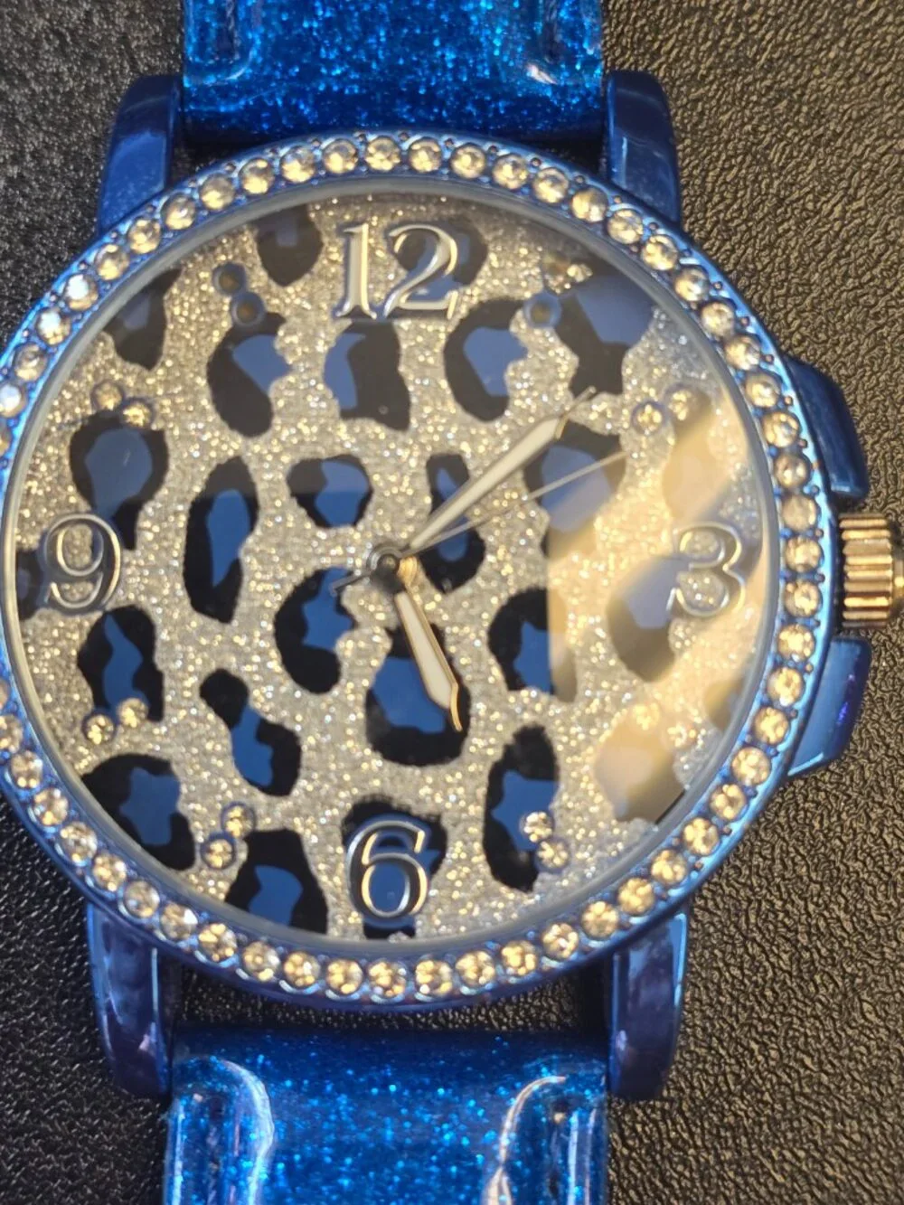 Blue Patten Leather Wrist Watch with Silver and Blue Leopard Print